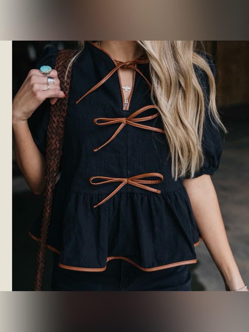 Black Peplum Top with Brown Trim and Bow Details